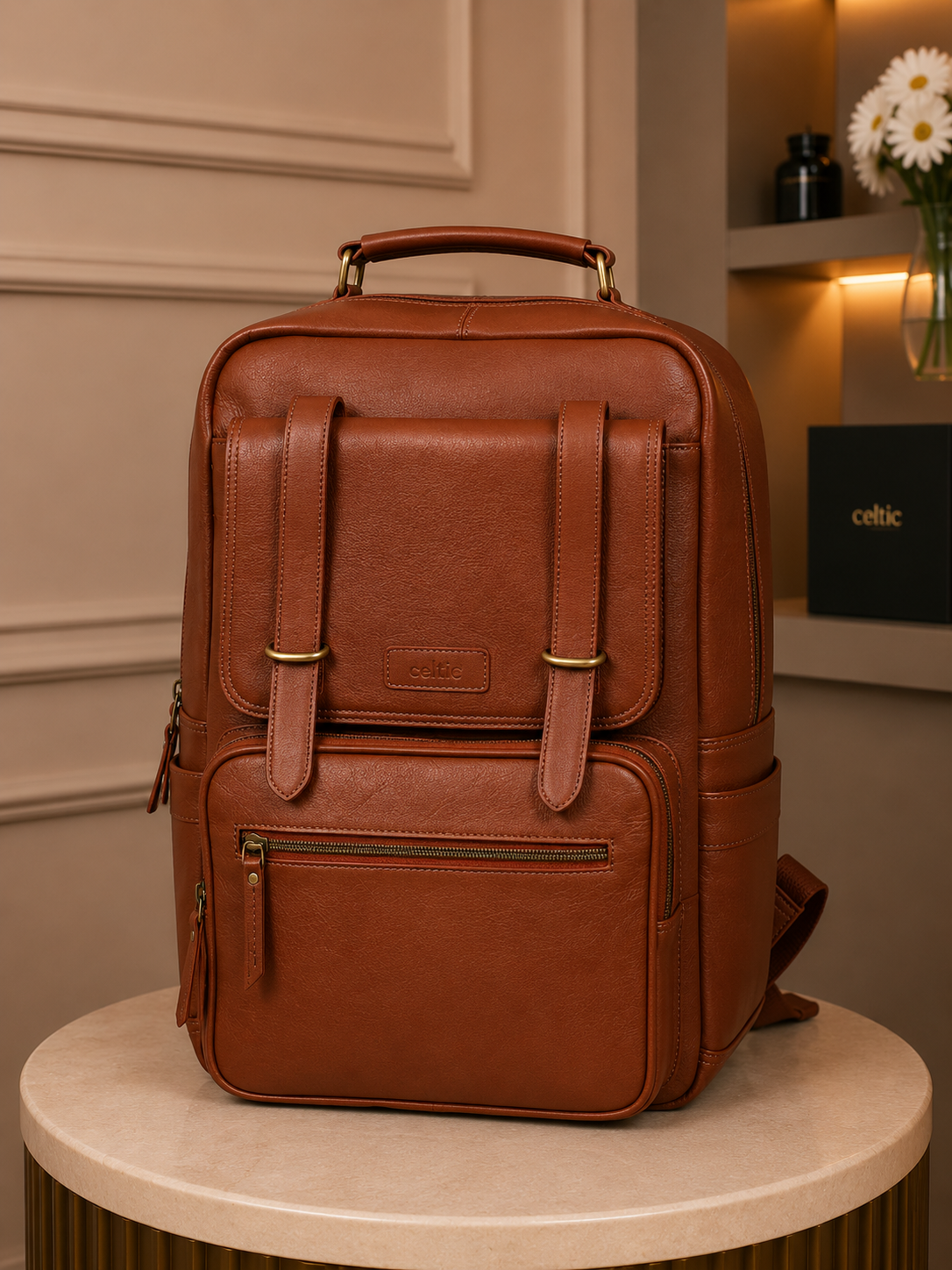 Premium Genuine Leather Laptop Backpack with Multi-Zip Compartments & Top Handle