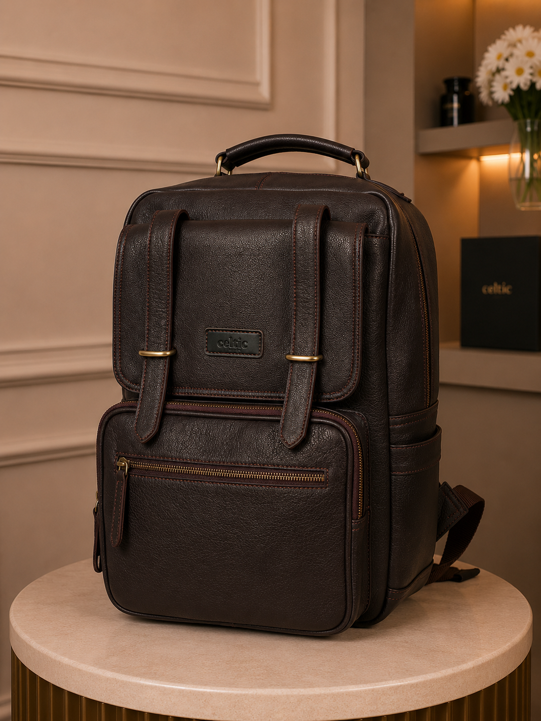 Premium Genuine Leather Laptop Backpack with Multi-Zip Compartments & Top Handle