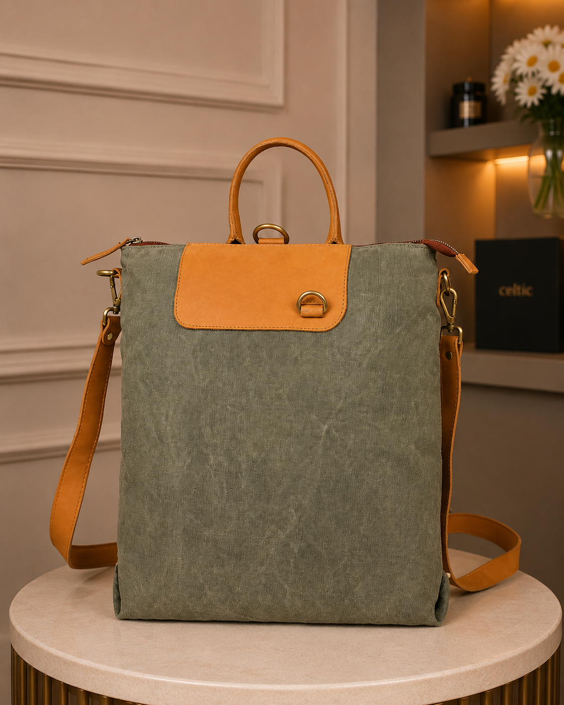 Premium Genuine Leather& Canvas Convertible Backpack Tote with Zip Closure & Adjustable Strap