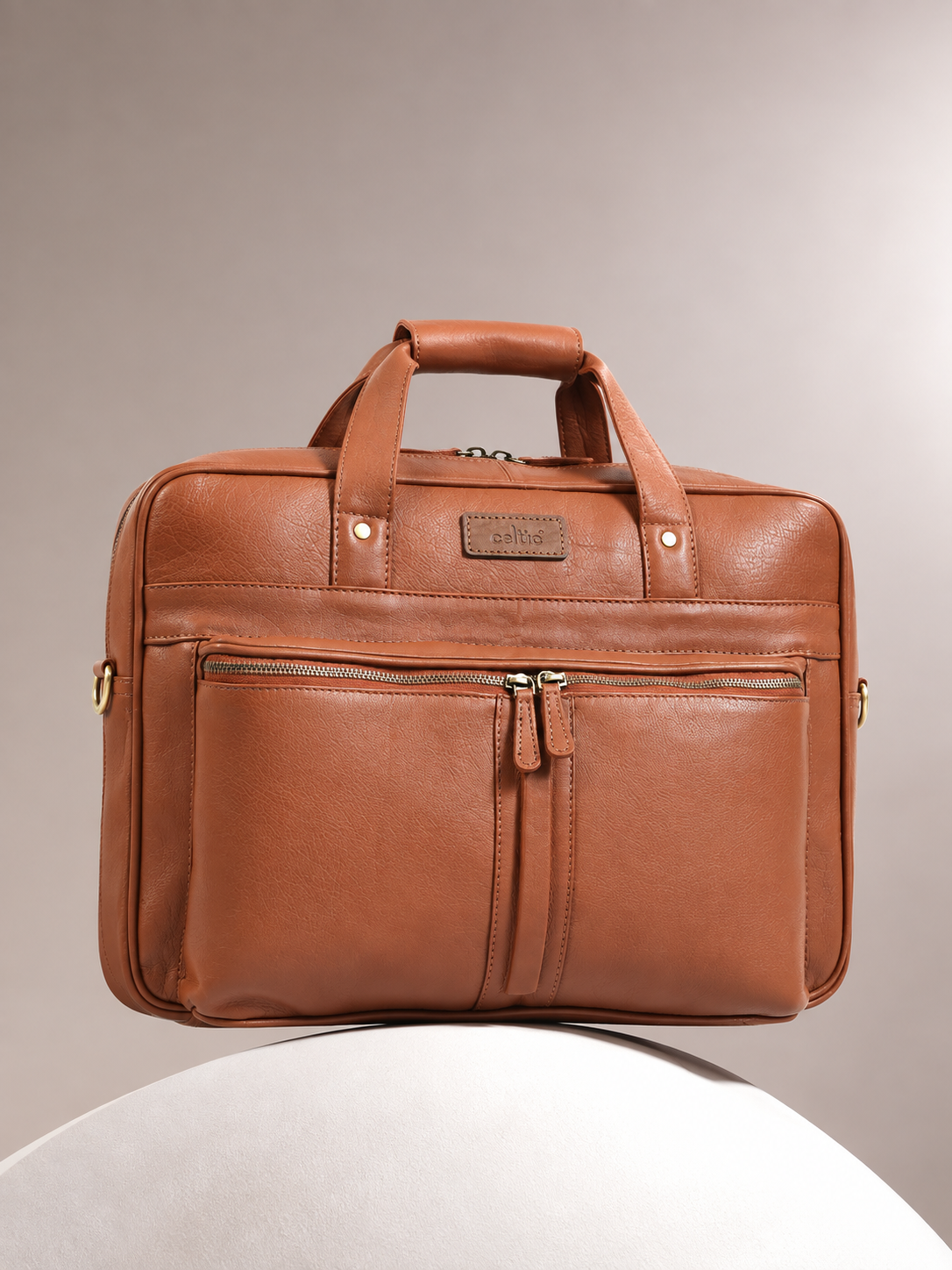 Premium Genuine Leather Office Laptop Bag with Multiple Zip Pockets & Detachable Strap