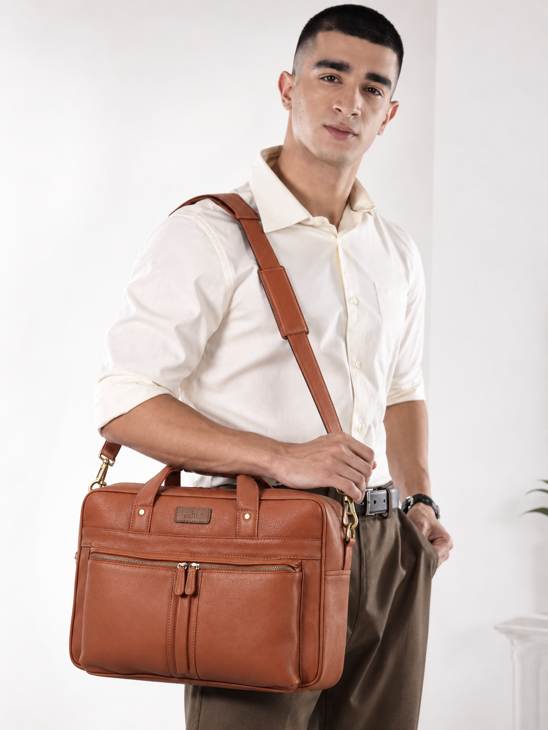 Premium Genuine Leather Office Laptop Bag with Multiple Zip Pockets & Detachable Strap