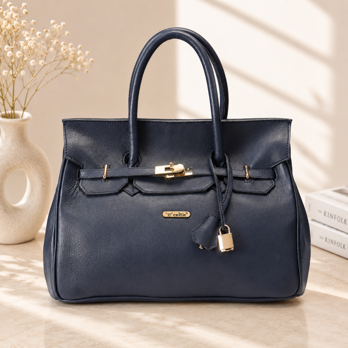 Premium Genuine Leather  Tote Handbag with Turn-Lock Closure