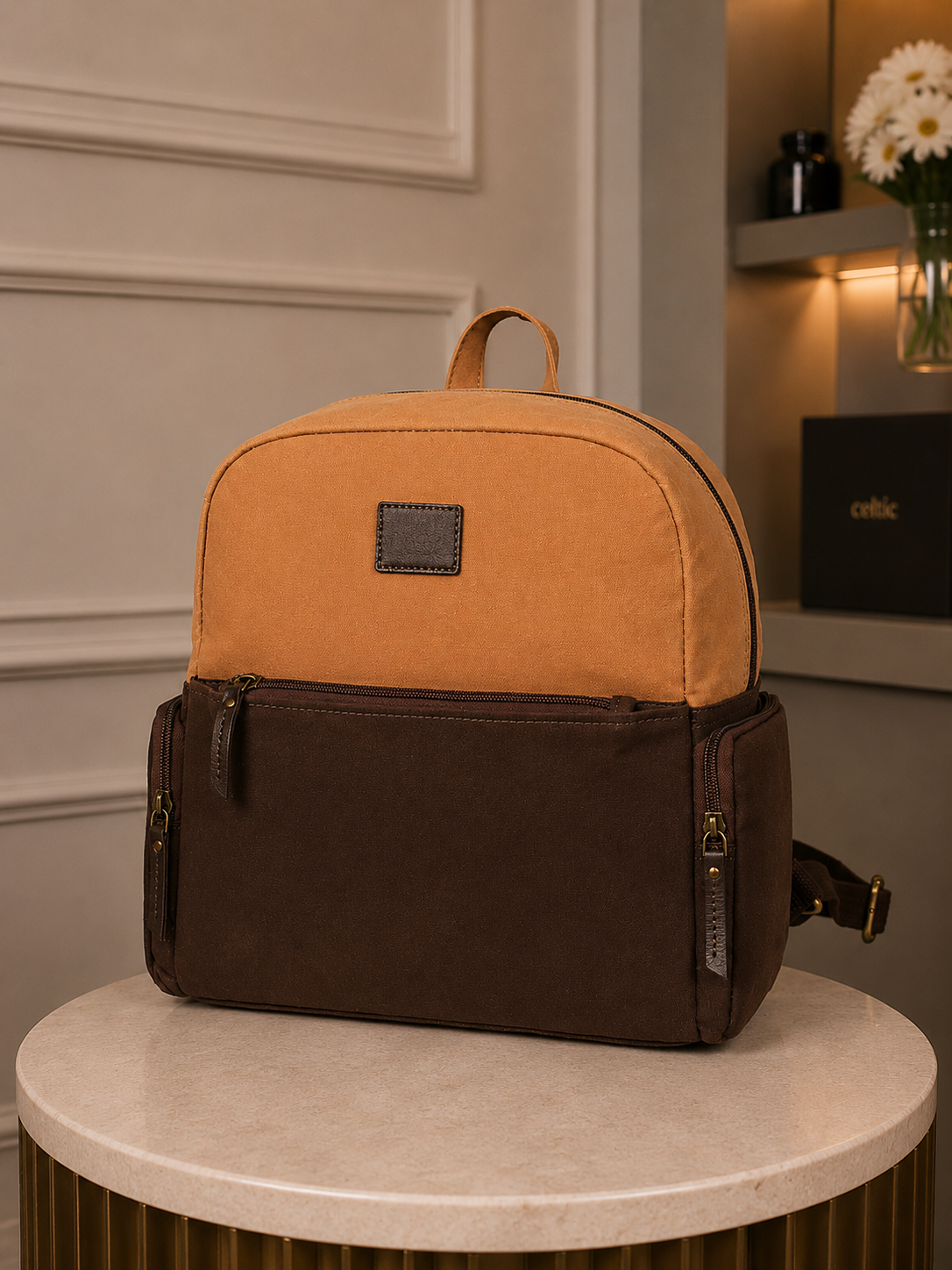 Premium Genuine  Leather & Canvas Mini Backpack with Multi Zip Pockets & Adjustable Straps