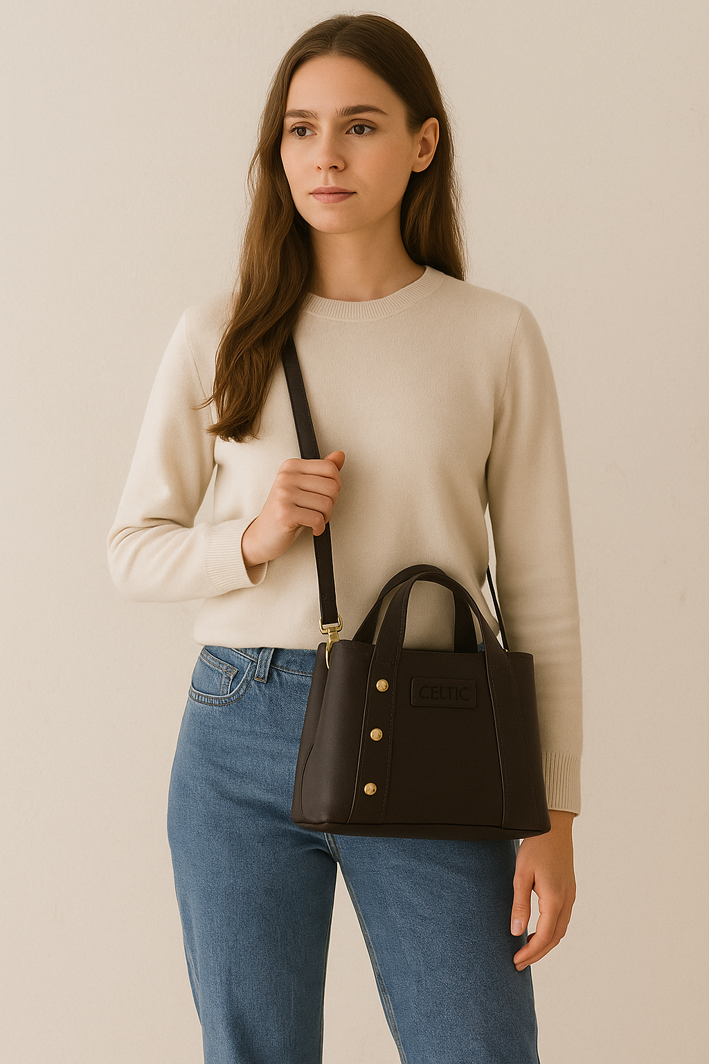Premium Structured Leather Handbag with Dual Carry Handles, Adjustable Strap & Zip Pocket