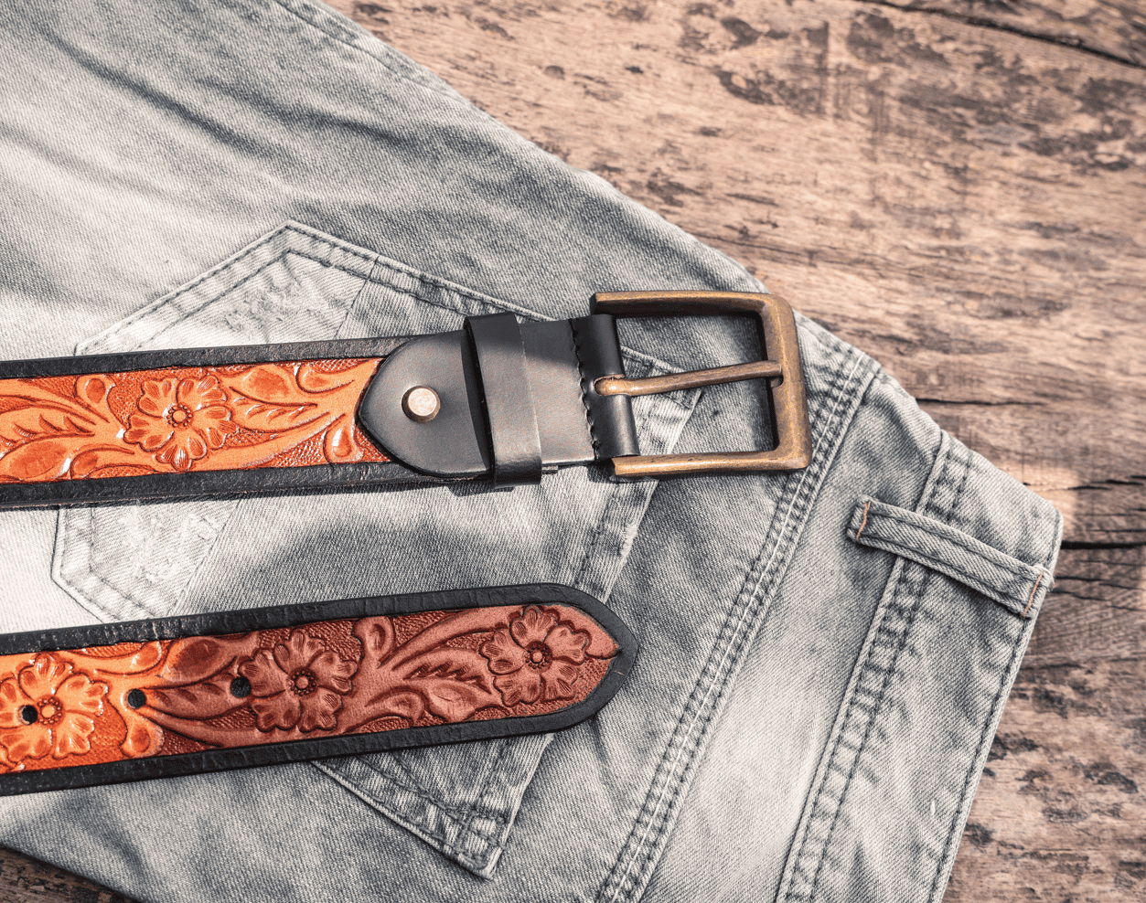 Premium Hand-Made Brown and Black Tooling Belt with Brass Antique Buckle. - CELTICINDIA