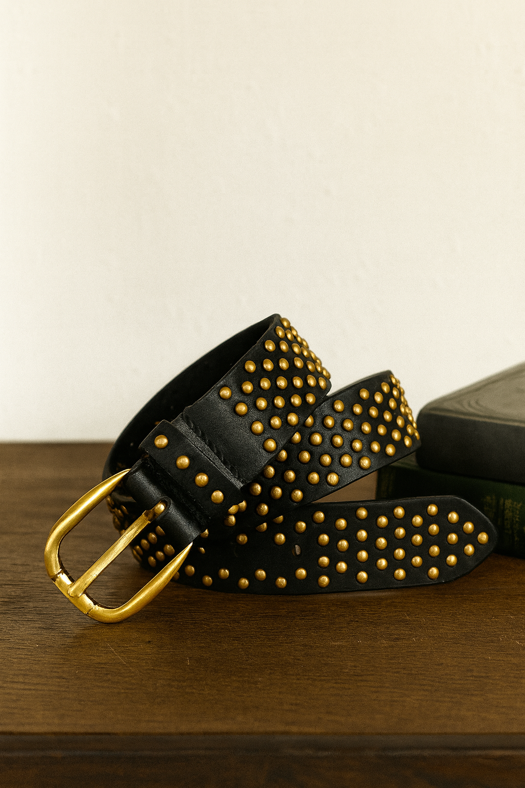 Women Black Studded Leather Belt With Brass Buckle Punk Rock Statement Fashion Accessory