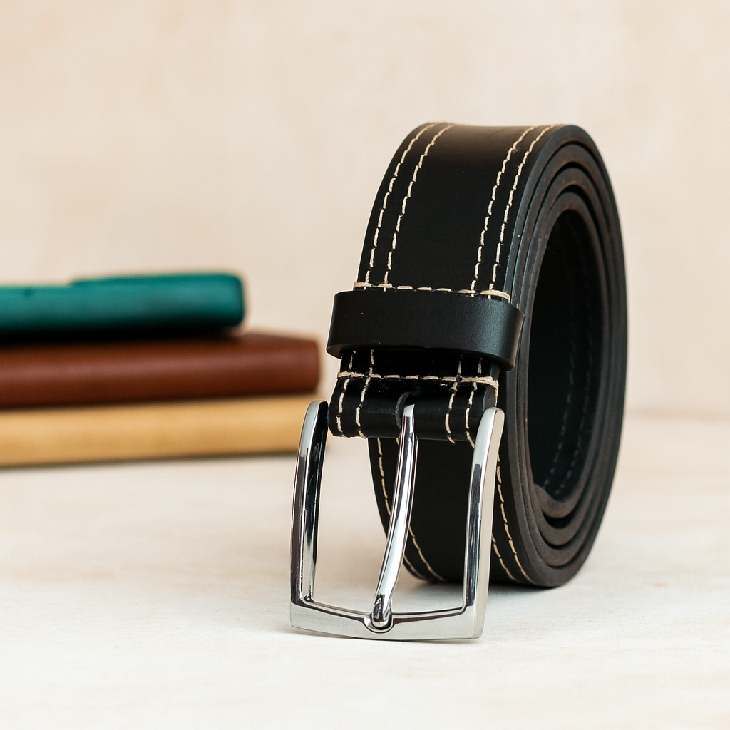 Introducing our "Eclipse Noir" Black Leather Belt with White Stitching. Art: LB-822