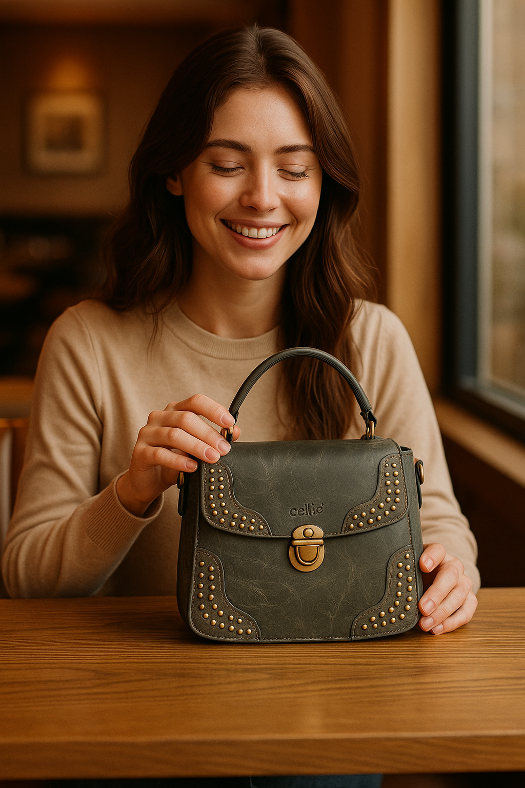 Vintage Leather Studded Top-Handle Sling Bag with Front Flap Lock & Multi-Pocket Interio