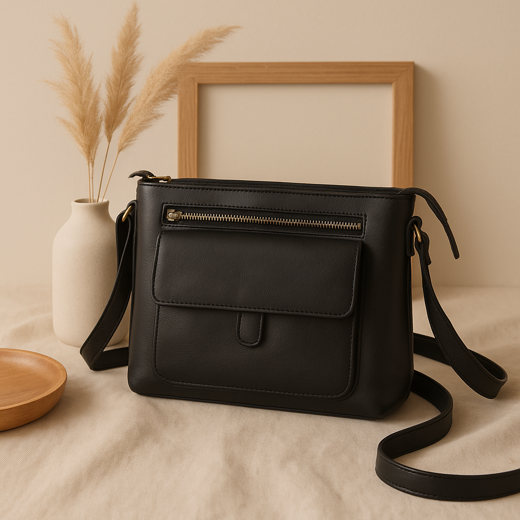 Classic Black Leather Crossbody Sling Bag with Front Pocket & Zip Closure