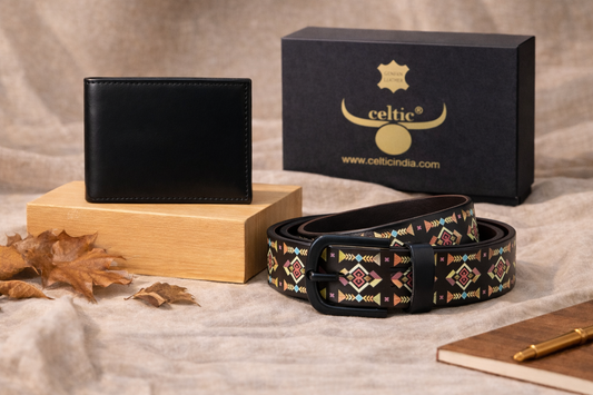 Black Printed Belt with Matte Buckle & Leather Wallet Gift Combo