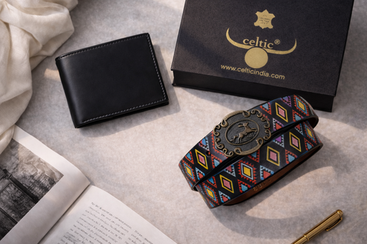 Vintage Style Combo: Multicolor Printed Belt & Classic Black Leather Wallet