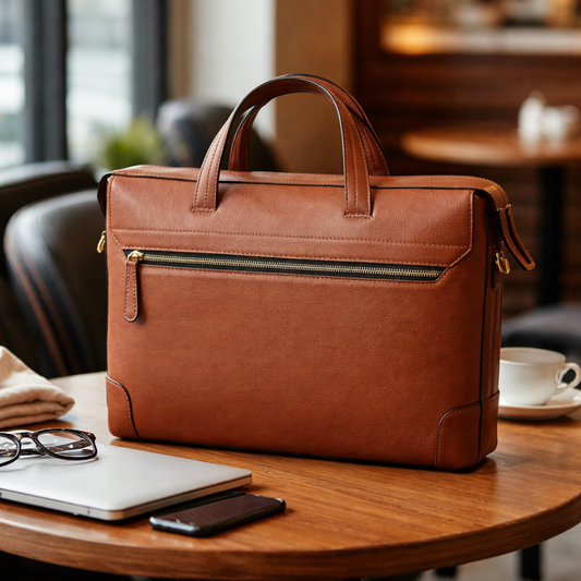 Premium Genuine Leather Laptop Handbag with Detachable Strap & Multi Zip Pockets