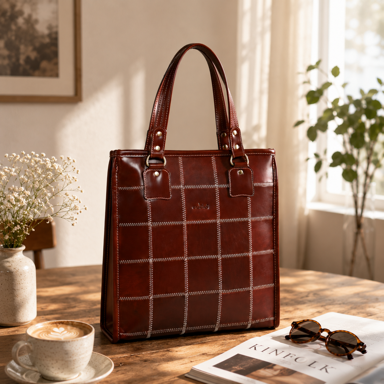 Premium Genuine Leather Shoulder totebag with Grid Stitching & Zip Closure
