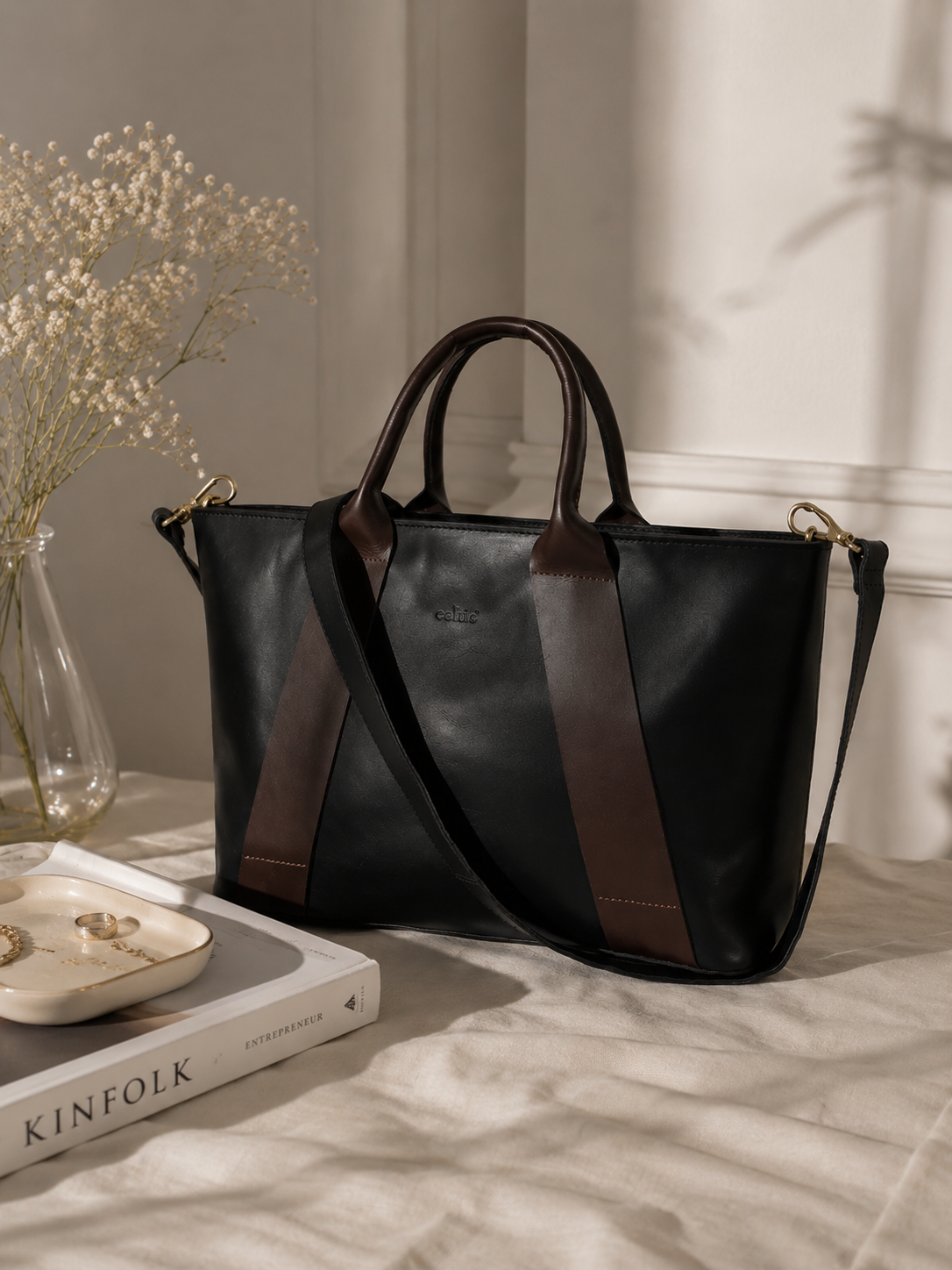 Premium Genuine Two-Tone Leather tote bag with Detachable Sling