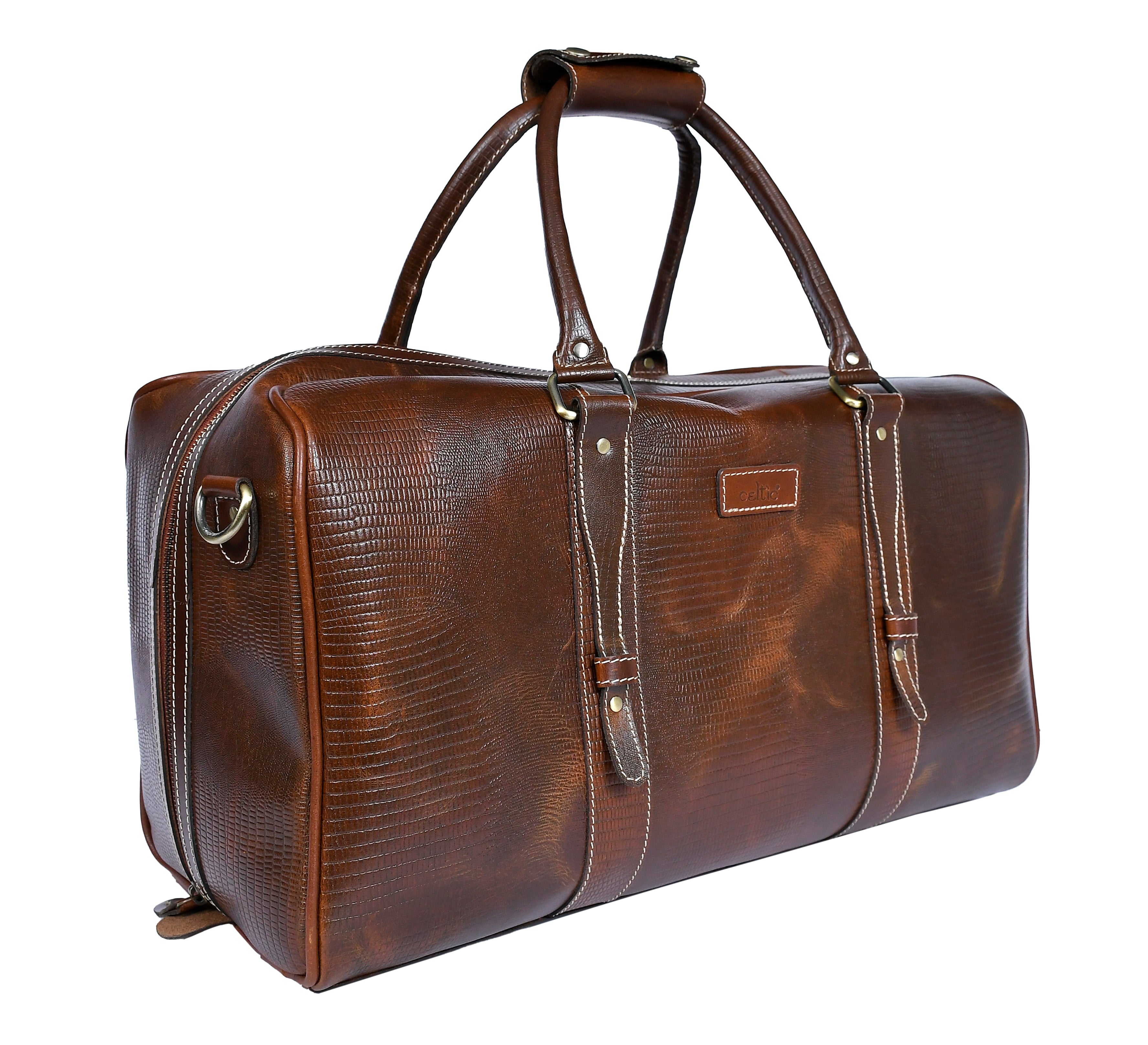 Premium Genuine Croc Texture Leather Travel Duffel with Detachable Strap & Zip Compartments