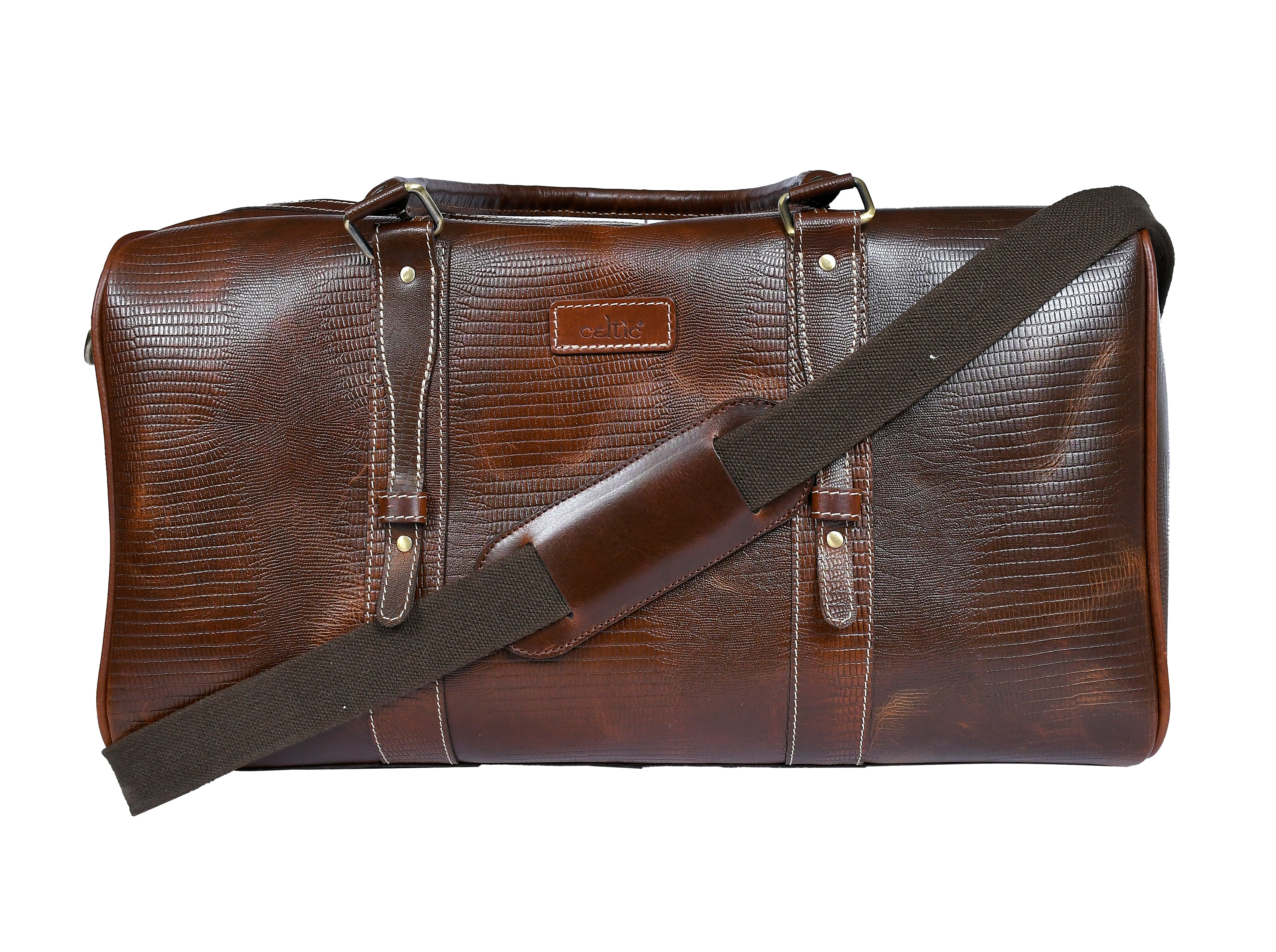Premium Genuine Croc Texture Leather Travel Duffel with Detachable Strap & Zip Compartments