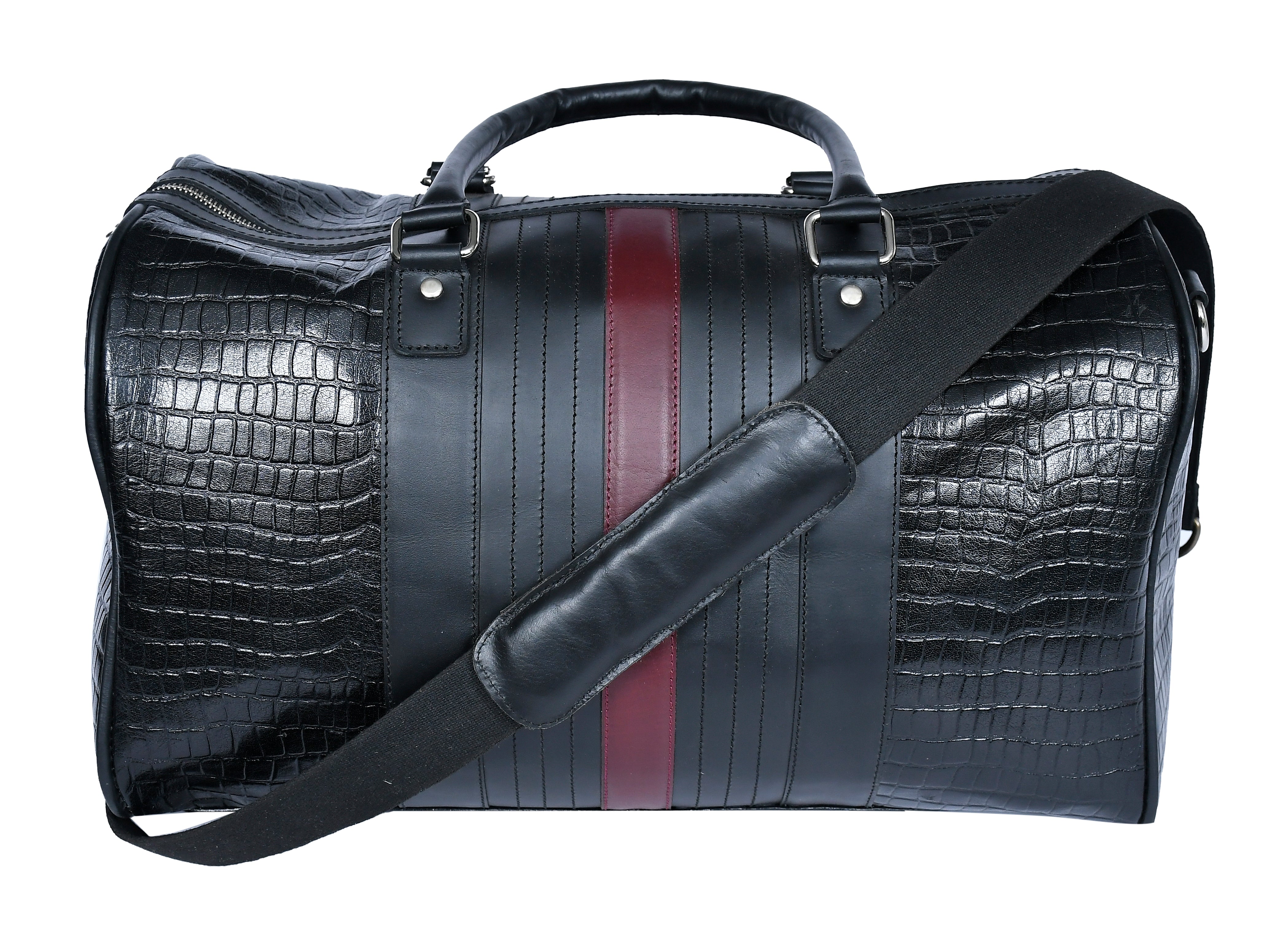 Premium Genuine Croc Texture Leather Travel Duffel with Detachable Strap & Zip Compartments