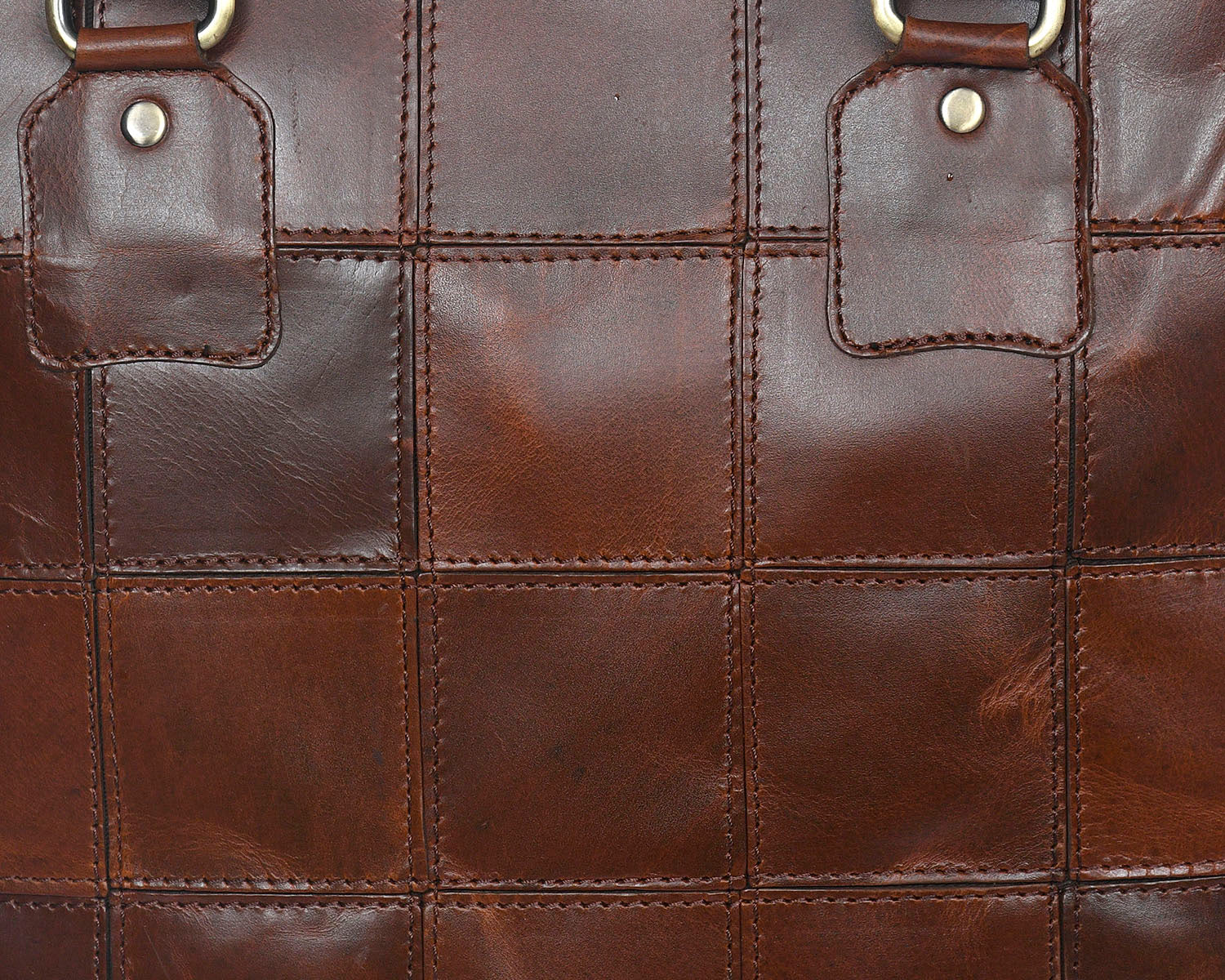 Genuine Leather Brown Tote Bag with Patchwork Design and Top Zip Closure