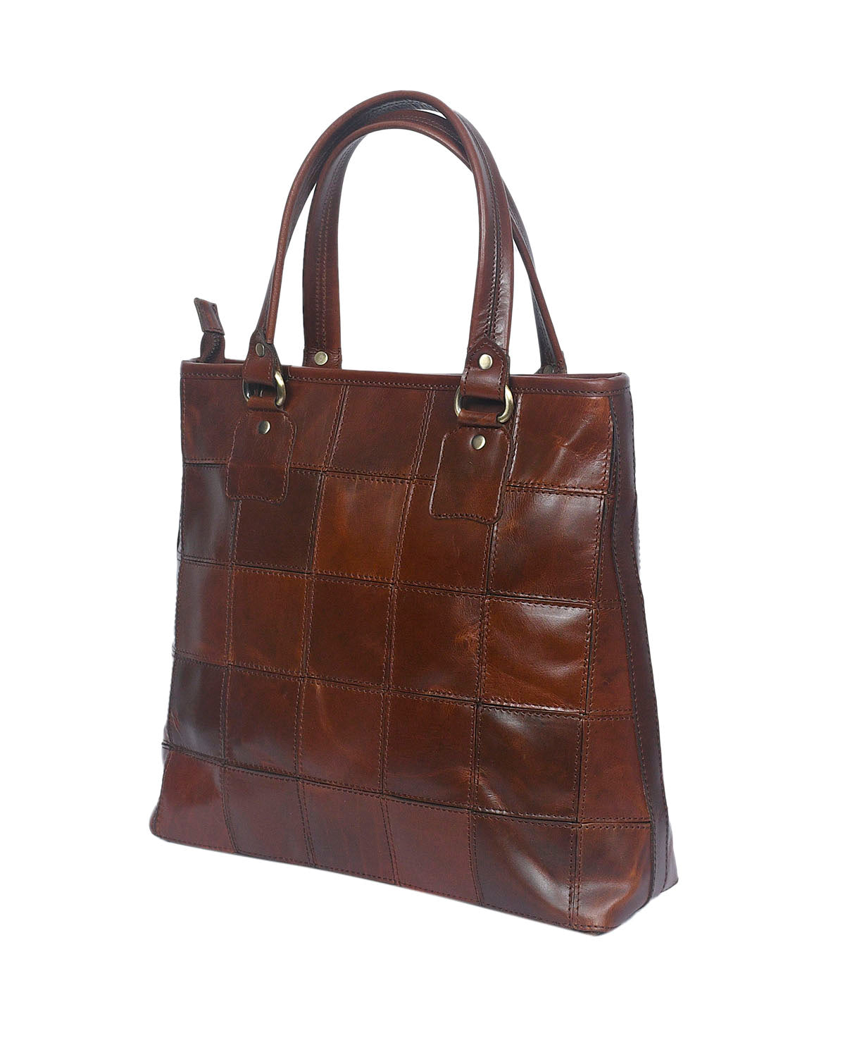 Genuine Leather Brown Tote Bag with Patchwork Design and Top Zip Closure