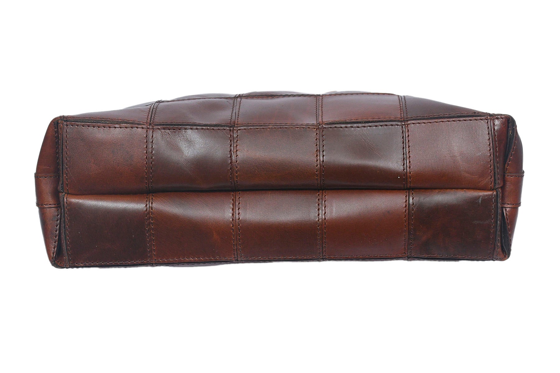 Genuine Leather Brown Tote Bag with Patchwork Design and Top Zip Closure