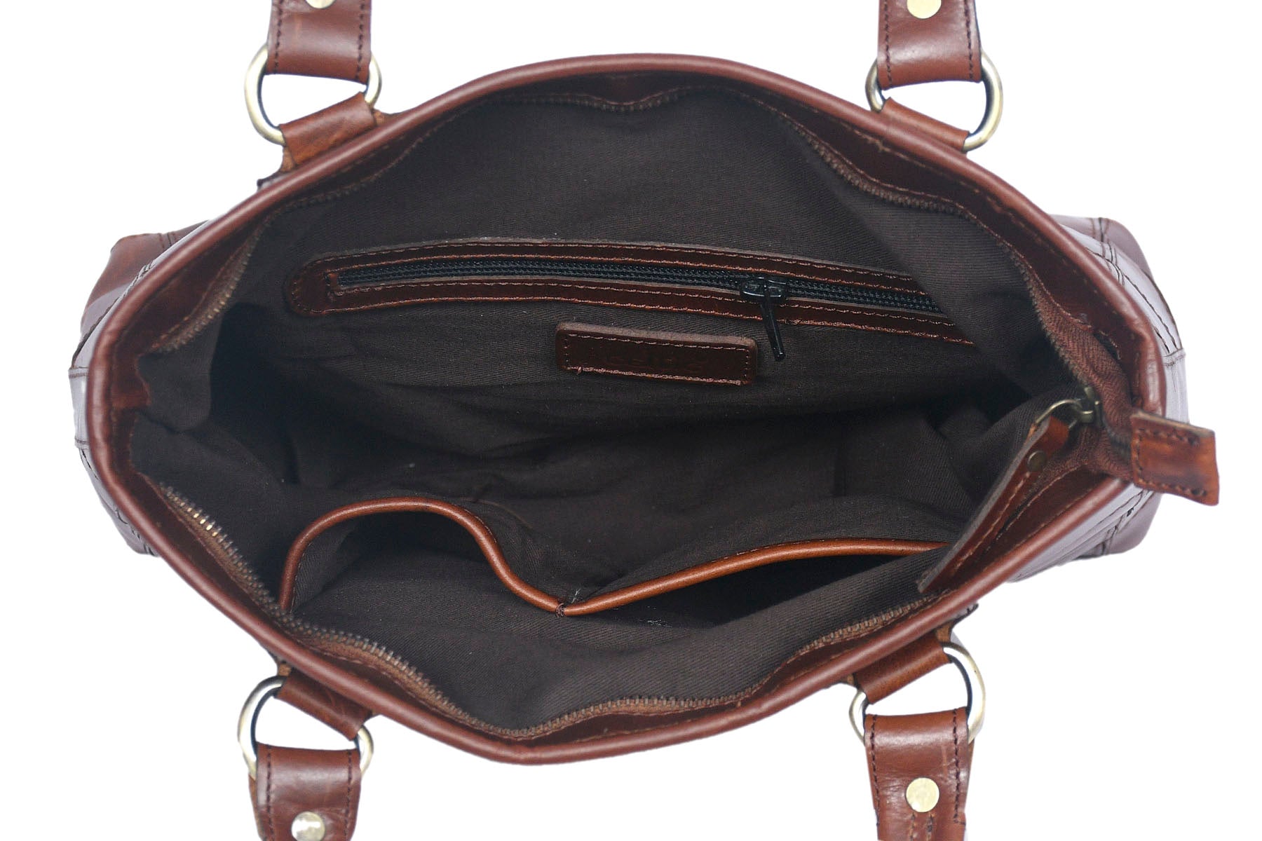 Genuine Leather Brown Tote Bag with Patchwork Design and Top Zip Closure