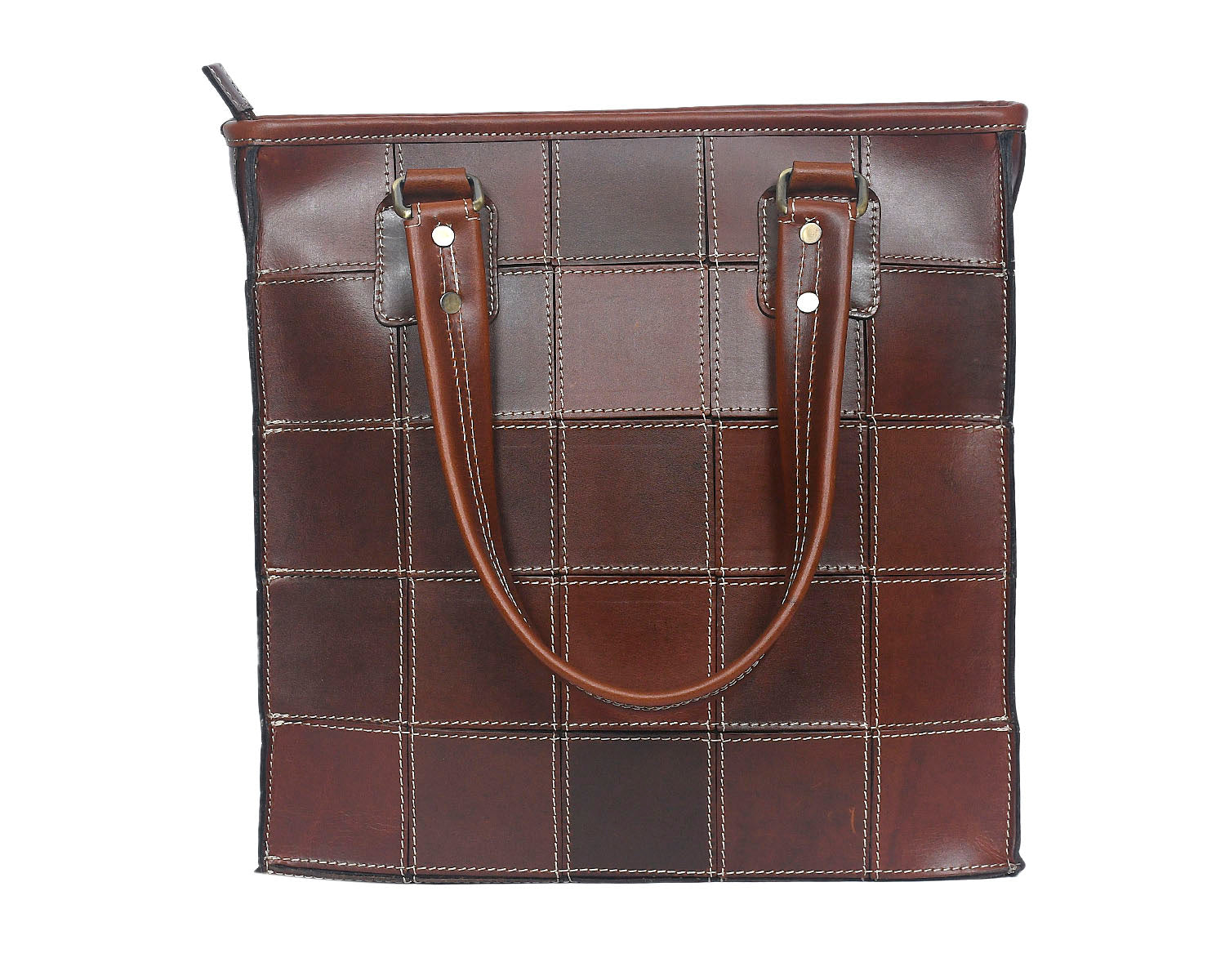 Genuine Leather Brown Tote Bag with Check Stitch Design and Top Zip Closure