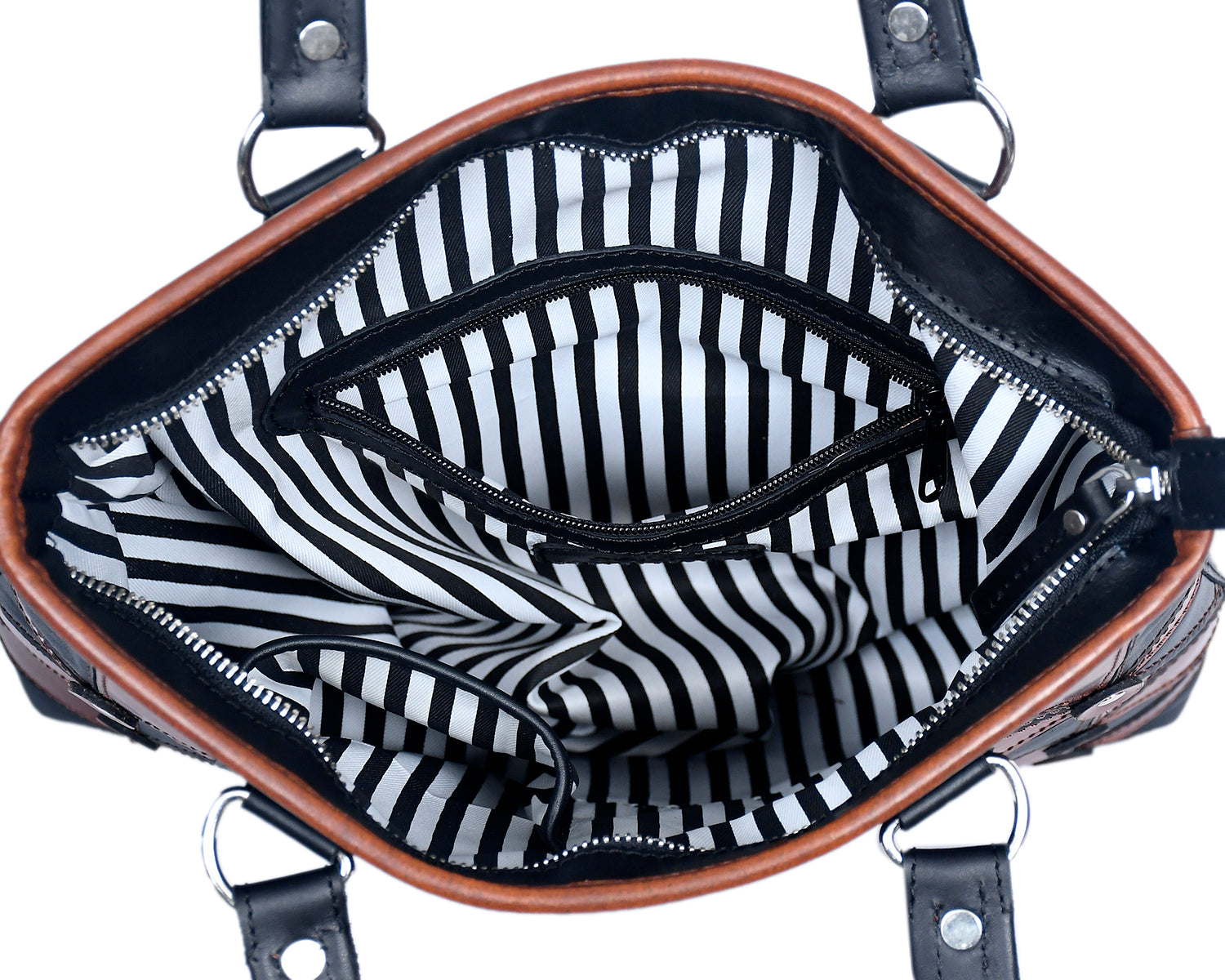Handcrafted Patchwork Leather Tote Bag with Zip Closure & Structured Handles