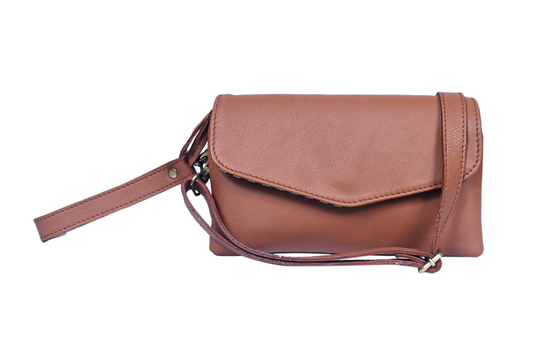 Premium Leather Convertible Wristlet & Crossbody Clutch with Dual Zip Compartments