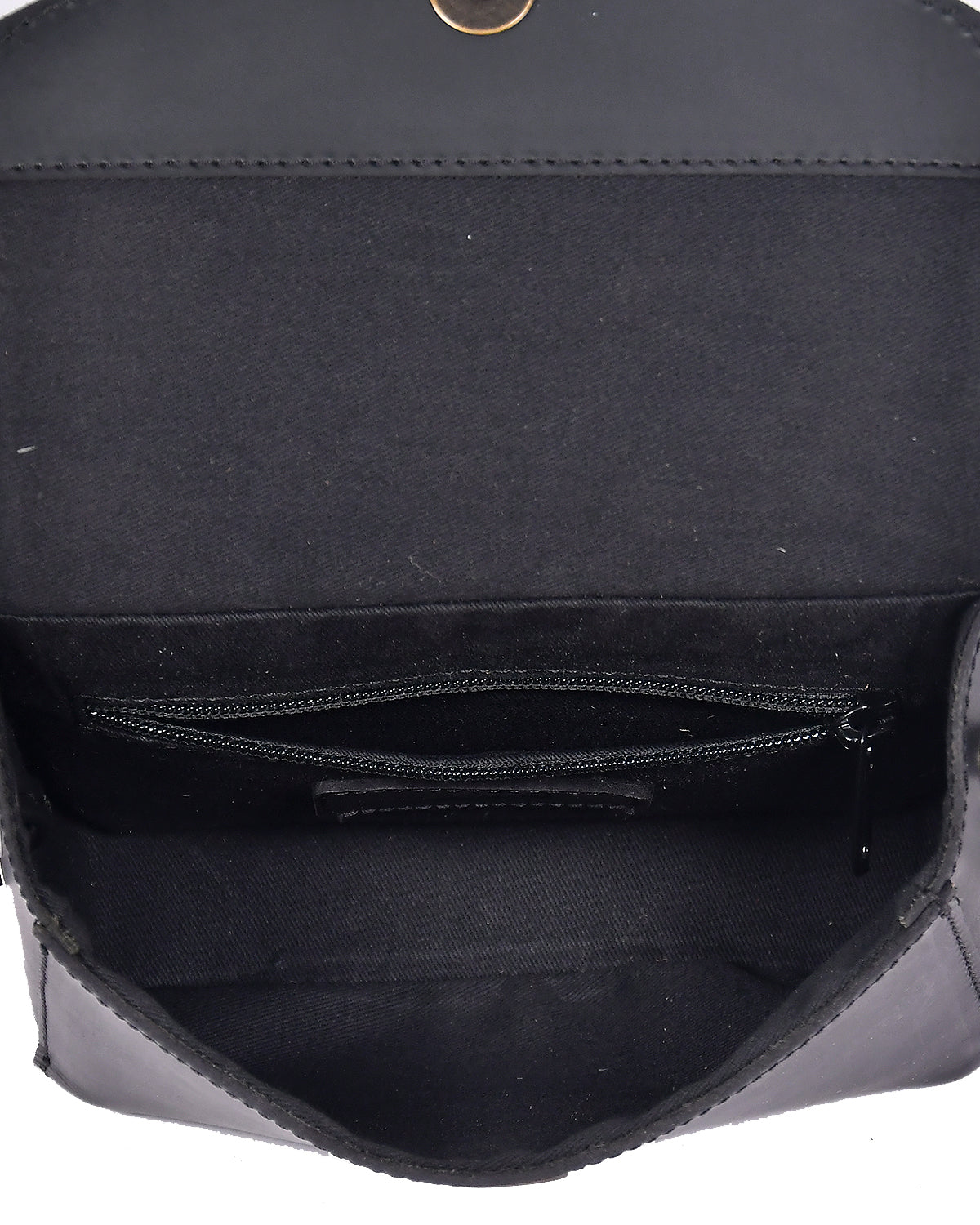 Black Genuine Leather Crossbody Bag with Animal-Print Flap for Women