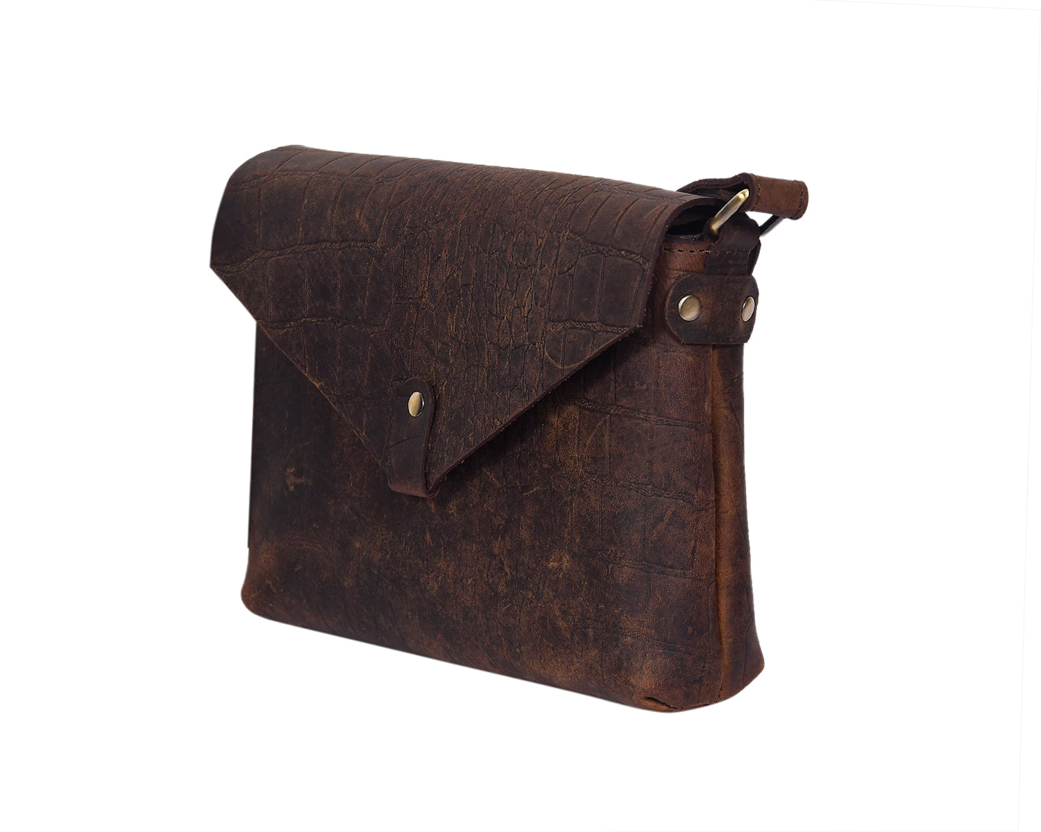Vintage Croc-Textured Brown Leather Crossbody Sling Bag