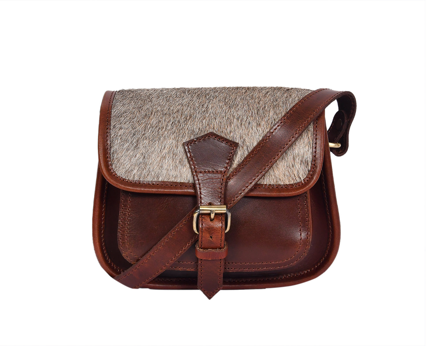 Women’s Genuine Leather Mini Crossbody Bag Natural Hair-On Flap (Brown & Grey)
