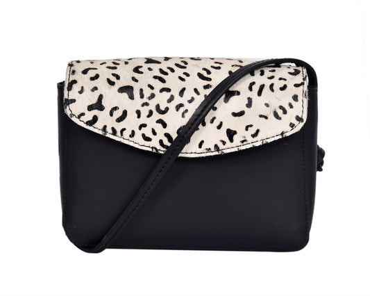 Elegance and Versatility Combined Black Leather Sling Bag with Printed Hair-On. - CELTICINDIA