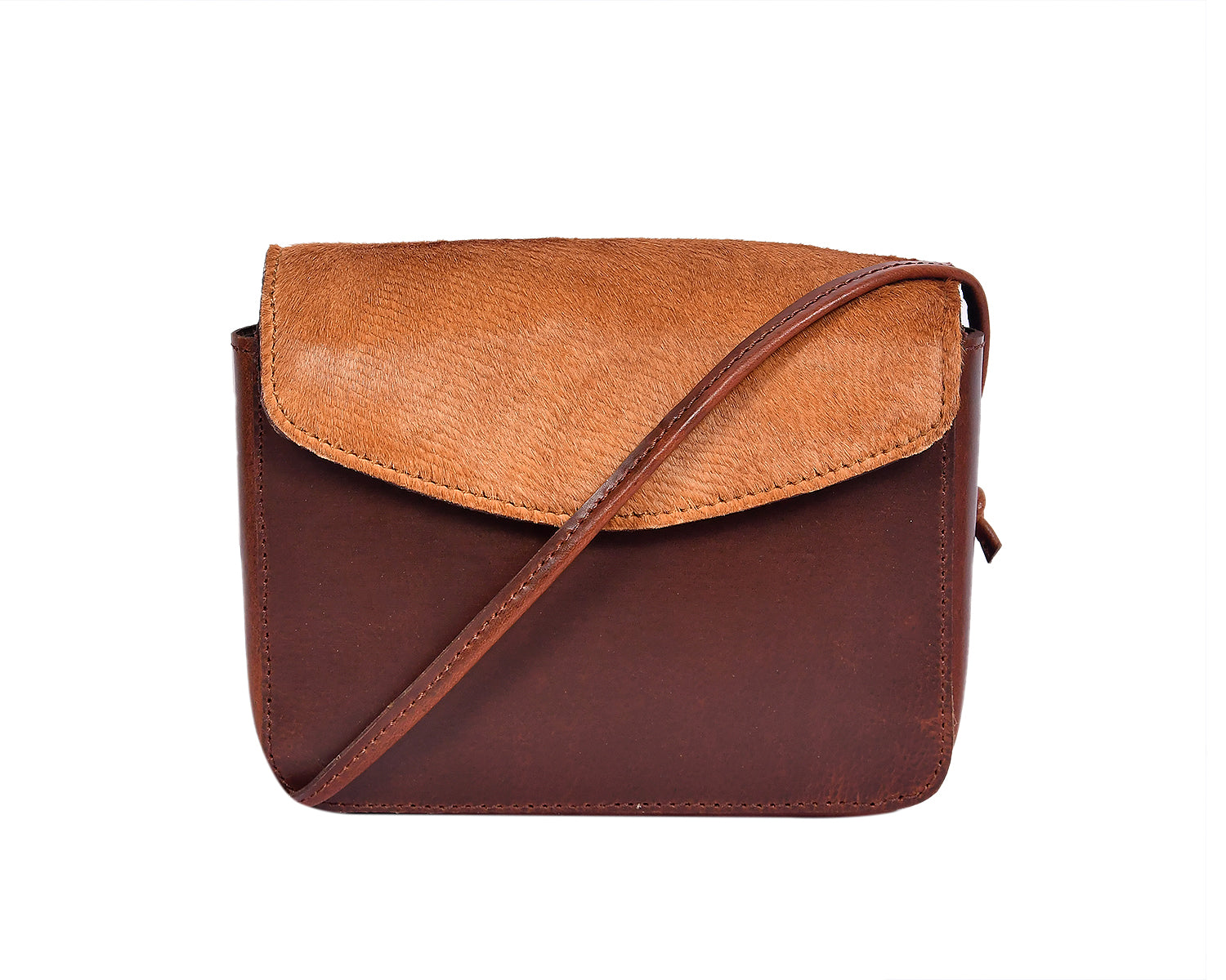 Brown Leather Crossbody Bag with Tan Hairon Flap