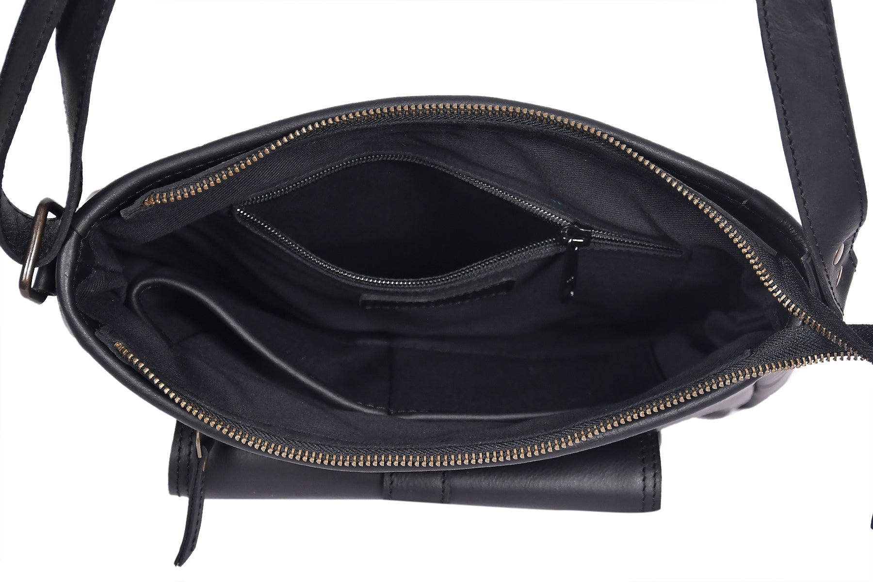 Classic Black Leather Crossbody Sling Bag with Front Pocket & Zip Closure