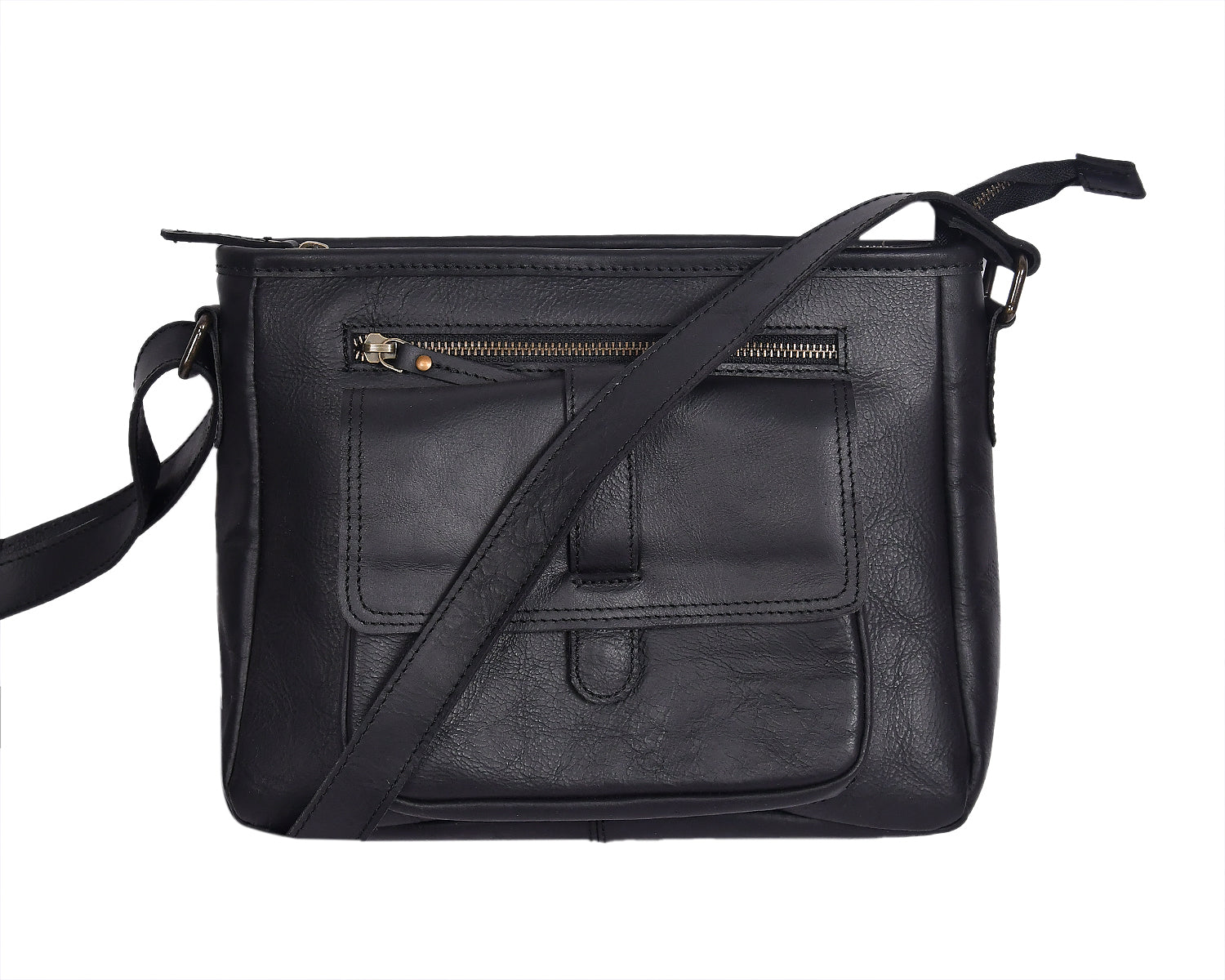 Classic Black Leather Crossbody Sling Bag with Front Pocket & Zip Closure