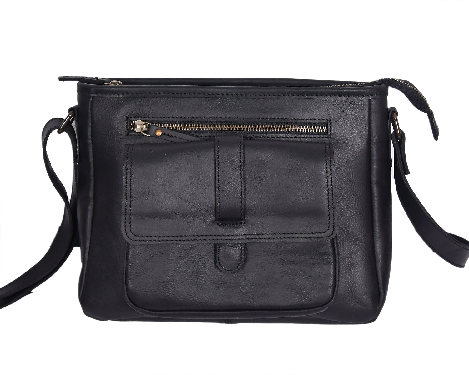 Classic Black Leather Crossbody Sling Bag with Front Pocket & Zip Closure