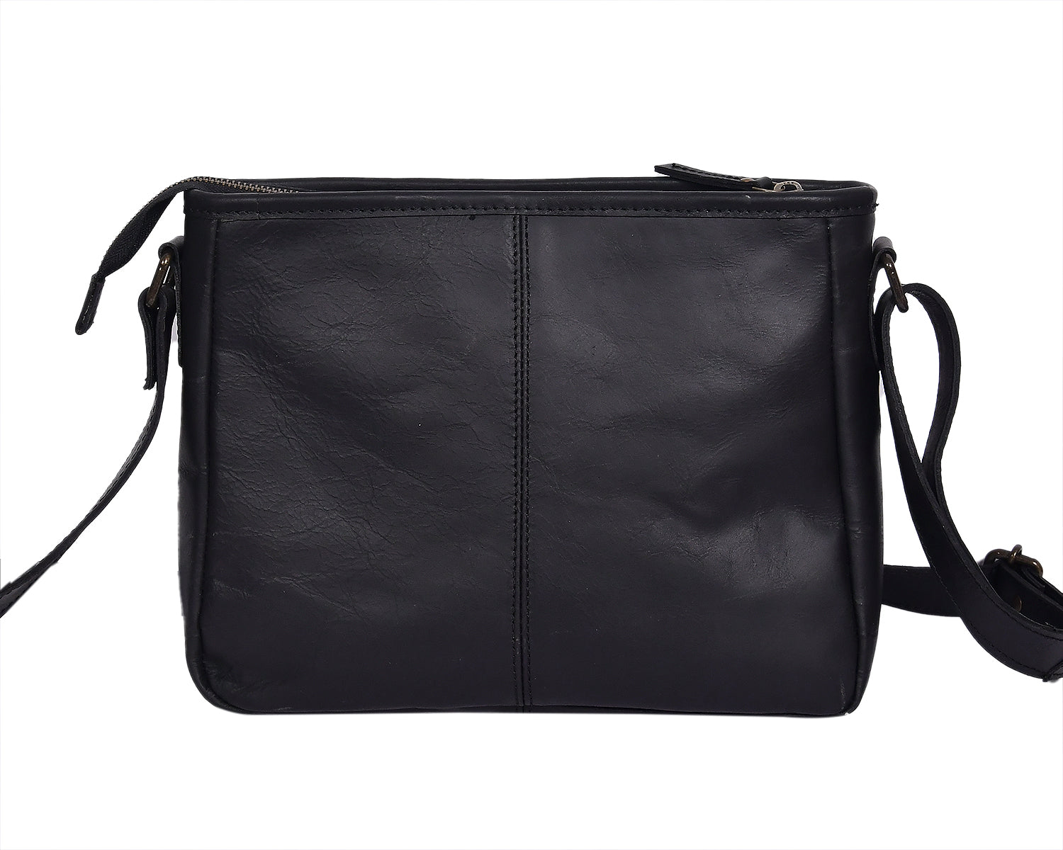 Classic Black Leather Crossbody Sling Bag with Front Pocket & Zip Closure