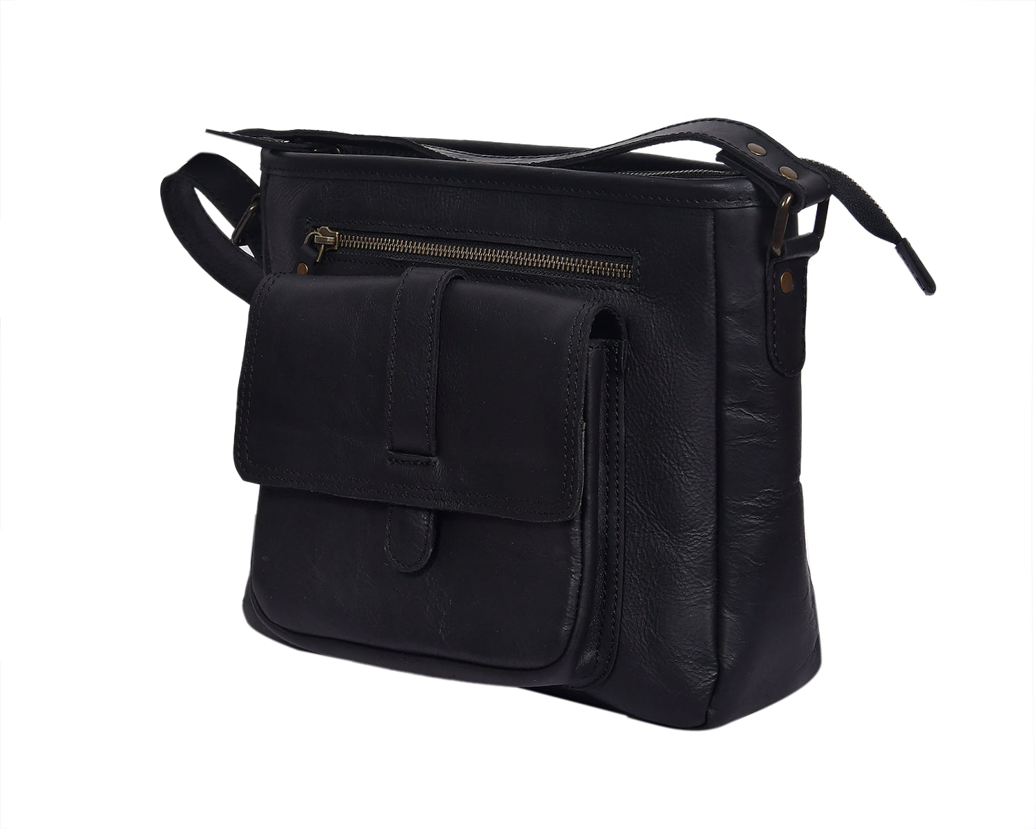Classic Black Leather Crossbody Sling Bag with Front Pocket & Zip Closure