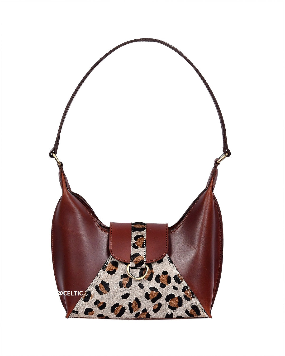 Brown Leather Shoulder Bag with Leopard-Print Hairon Panel ’Elegant & Compact Handbag