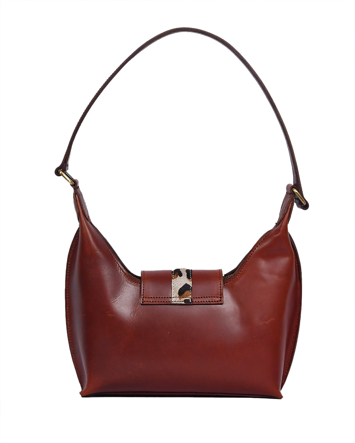 Brown Leather Shoulder Bag with Leopard-Print Hairon Panel ’Elegant & Compact Handbag
