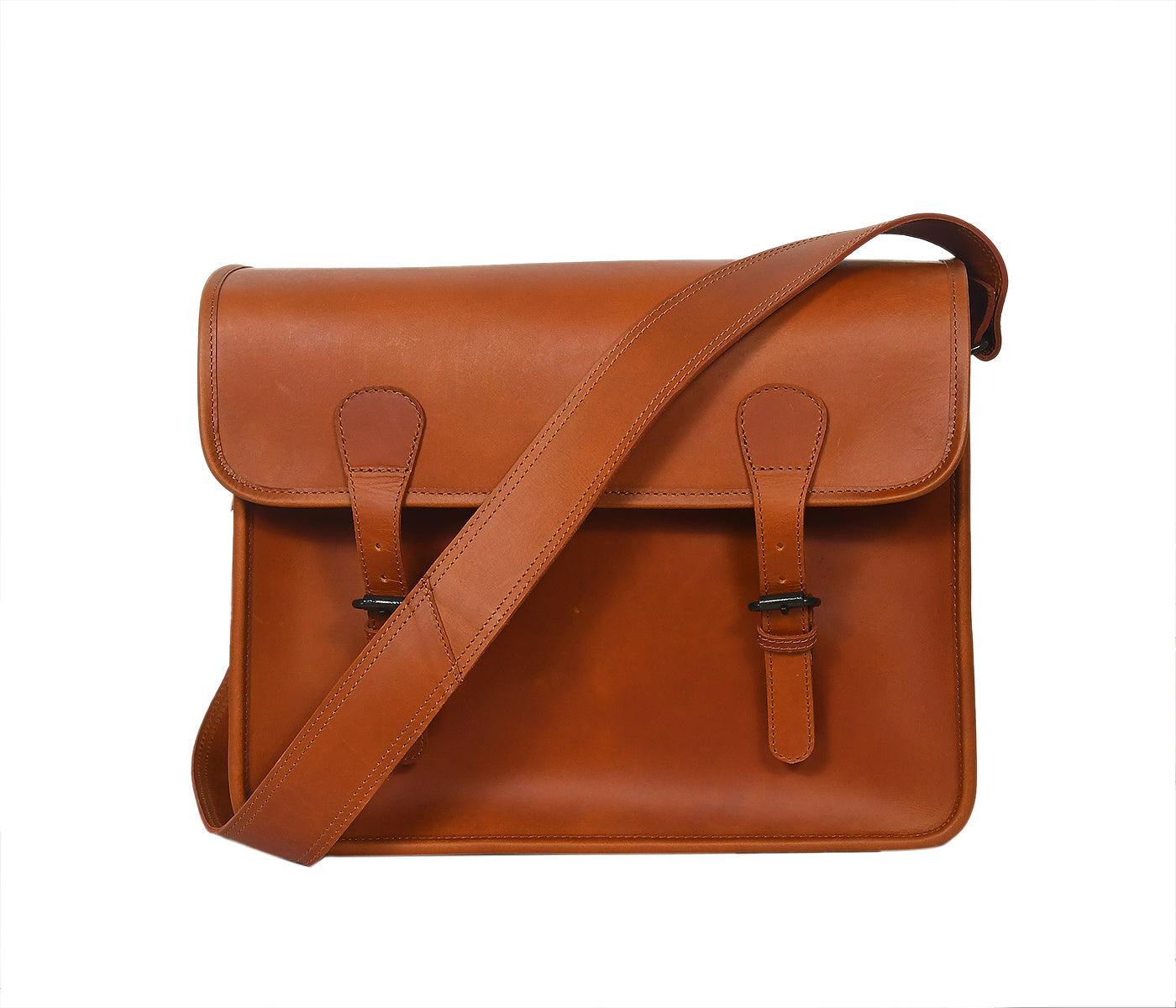 Premium Leather Laptop Messenger Bag with Dual Buckle Flap & Adjustable Strap
