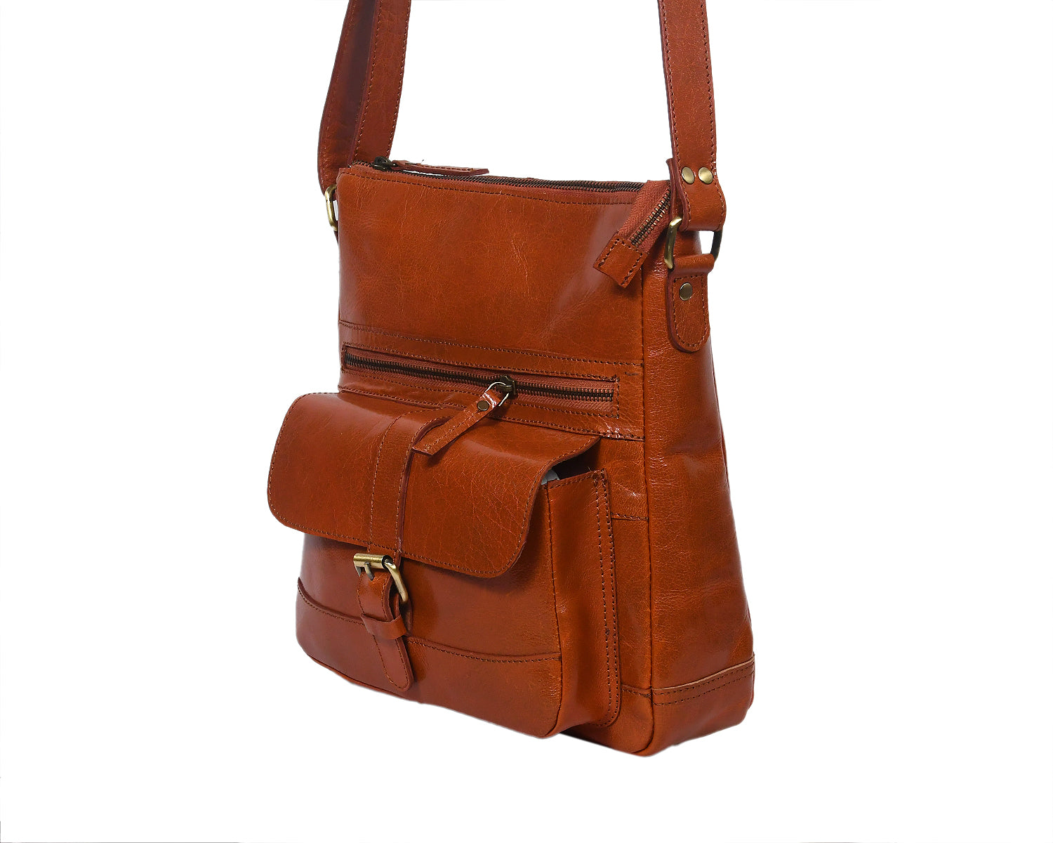 Slim Genuine Leather Crossbody Bag with Buckle Pocket & Multiple Compartments