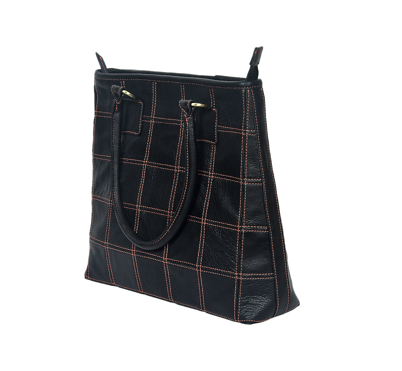 Premium Women Black Leather Tote Bag with Red Stitch Grid and Spacious Interior