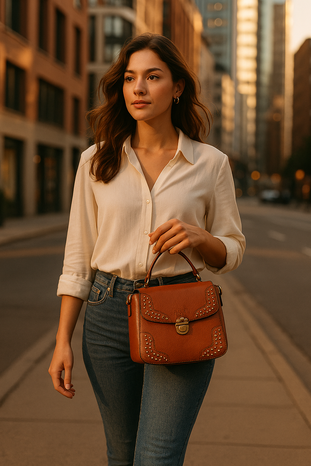 Vintage Leather Studded Top-Handle Sling Bag with Front Flap Lock & Multi-Pocket Interio