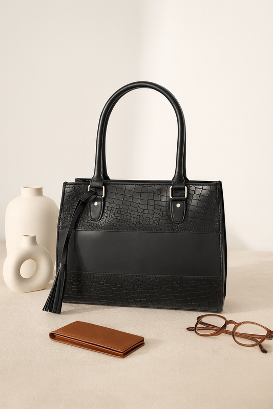 Premium Black Croc-Textured Leather Structured Handbag – Top Handle Purse