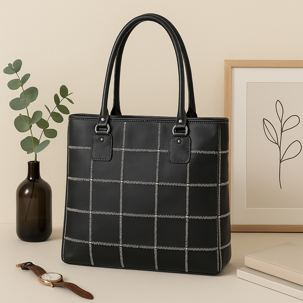 "Chic Contrast: Black Tote Bag with White Stitching for Timeless Style" Art: BG-1142-Z