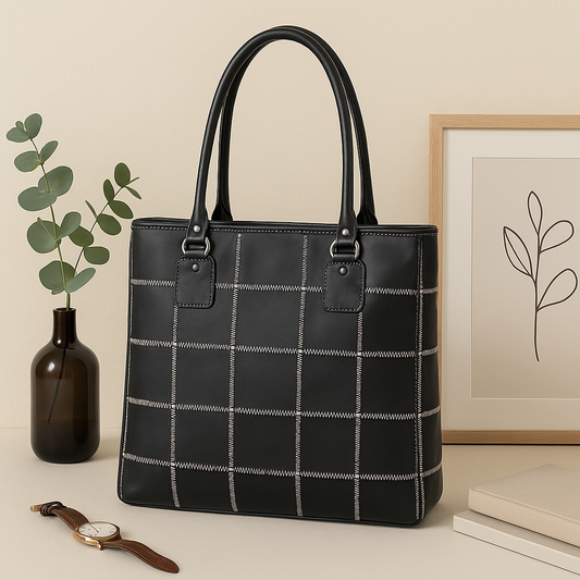 Women Black Leather Tote Bag with Contrast Stitch Grid and Spacious Interior