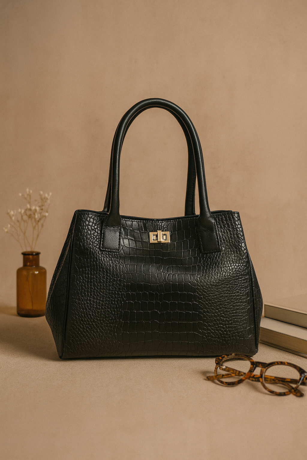 Structured Croc-Textured Black Handbag with Top Handles