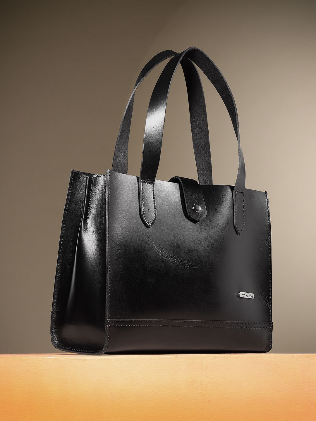 Premium Genuine Leather Structured Shopper Tote with Dual Compartments & Snap Closure