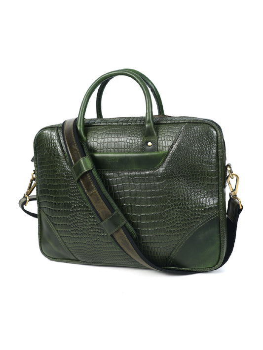 Premium Genuine Leather Messenger Bag in Croco Texture with Zip Closure